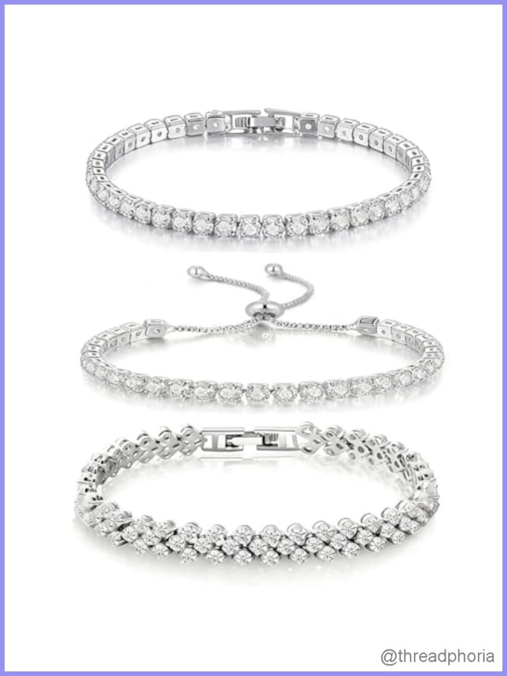3-Piece CZ Tennis Bracelet Set for Women, Adjustable Silver Stack Bracelets,